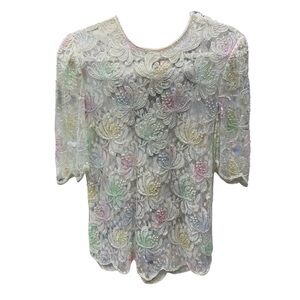 Vintage Scala Ivory Pastel Lace Floral Beaded Scalloped Top